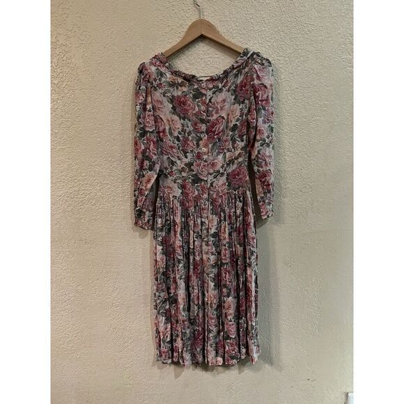 Eileen West Dress Size 8 Multi Floral Midi Button Back Prairiecore Pockets Vtg - Picture 3 of 12